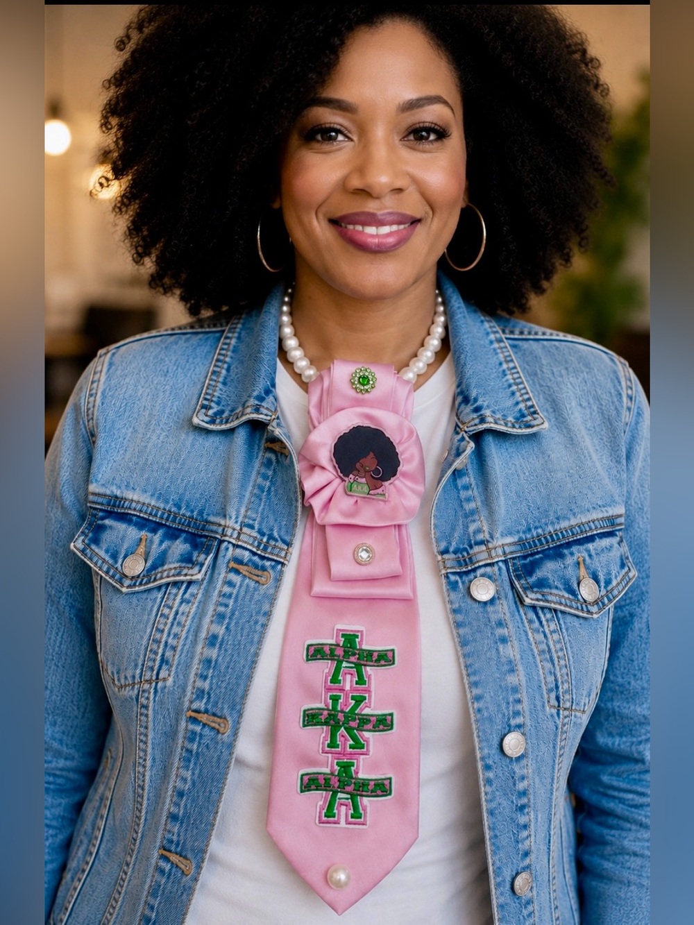 AKA Pink Satin Tie Necklace with Green Embroidery